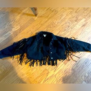 Forever 21 Black Fringe Cropped Denim Jacket Size Small